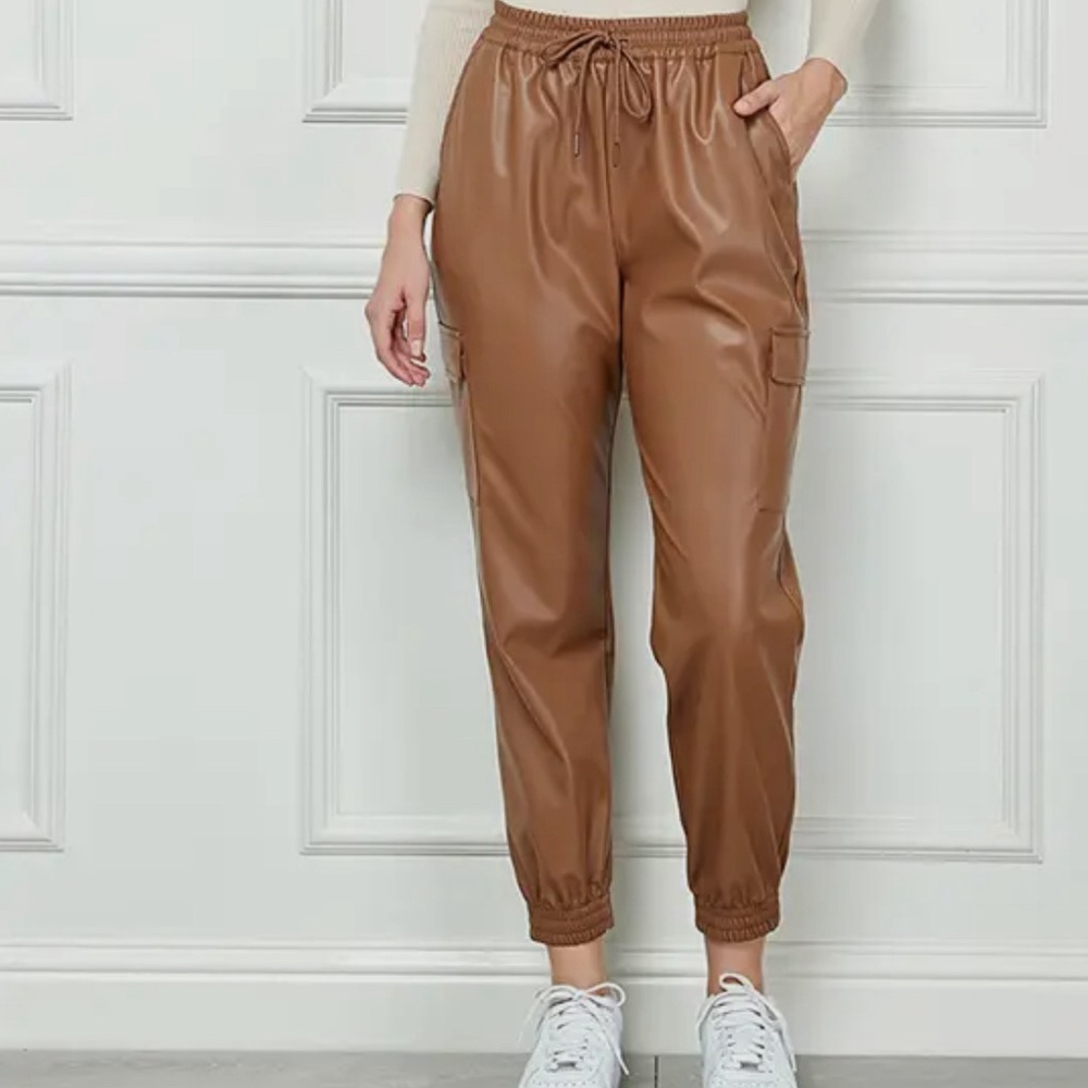 #127 Double Dare Vegan Leather Joggers- Camel